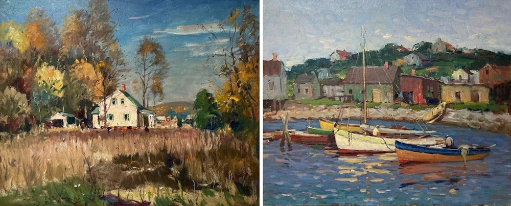 Two of Antonio Cirino's oils featured in the auction. From left: CT Landscape (2022); Sailboats in harbor (2022)