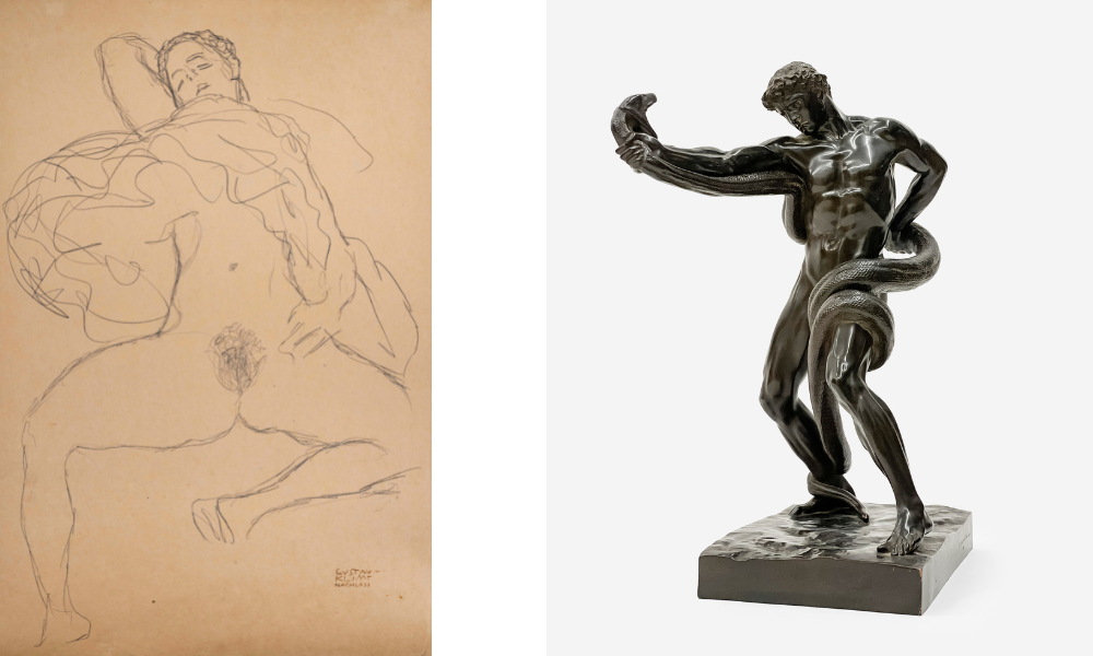 From left: Gustav Klimt, Study for The Bride, sold for $58,750; Frederic Leighton, An Athlete Wrestling a Python, sold for $75,000