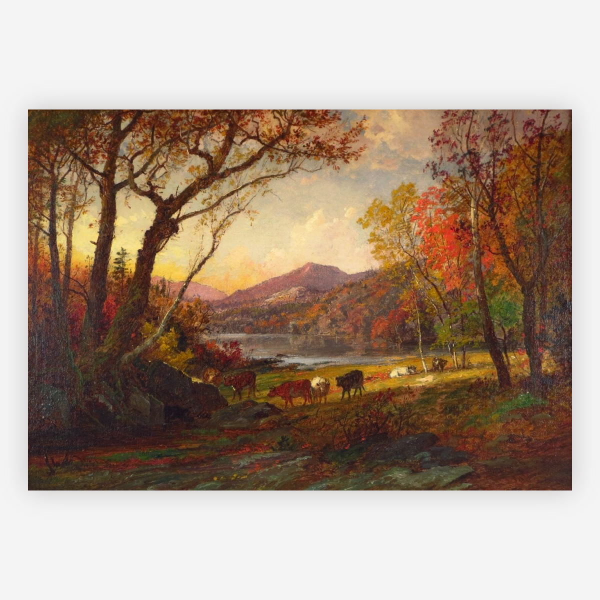 Autumn Landscape with Lake, Mountains and Cattle