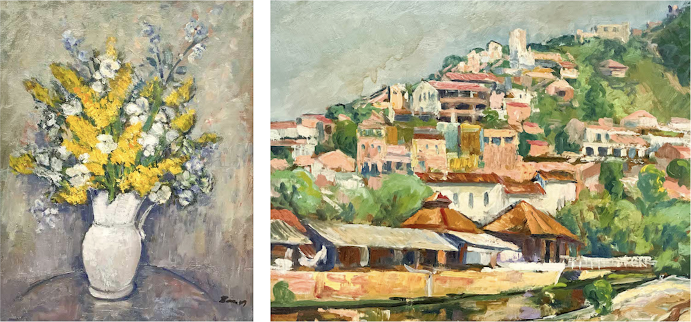 Lot 1 | Albert Bela Bauer, Still Life with Delphinium and Yellow Foxtail, ​Lot 7 | Albert Bela Bauer, Untitled (Hillside Town)