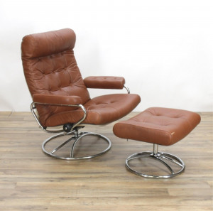 Image for Lot MCM Leather & Steel Swivel Chair & Ottoman