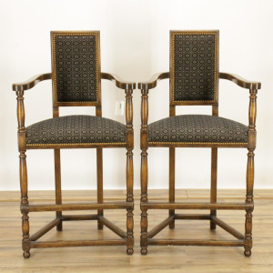 Image for Lot Pair Walnut Finish Triangular Bar Height Chairs
