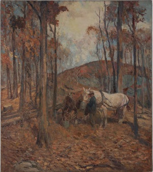 Image for Lot Arthur Ernst Becher - Autumn Feeding, Two Work Horses