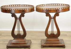 Image for Lot Pair Lyre Form Mahogany Occasional Tables