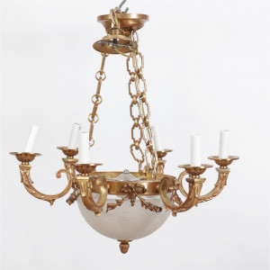 Image for Lot Classical Style Brass & Etched Glass Chandelier