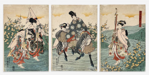 Image for Lot Utagawa Kunisada - Figures Traveling, Triptych
