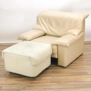 Image for Lot 1980's Cream Leather Armchair Ottoman