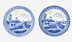 Image for Lot Pair of Blue and White Export Porcelain 'Deshima Island' Plates