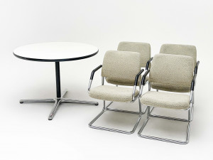 Image for Lot Mid Century Round Table and Reverse Cantilevered Chairs