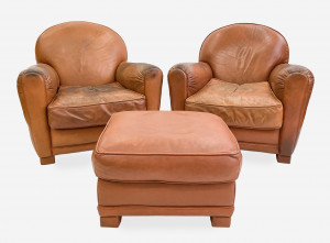 Image for Lot Leather club chairs and ottoman in the style of Ralph Lauren