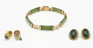 Image for Lot 14K Gold and Green Bracelet, Earrings, and Pins