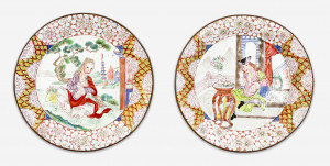 Image for Lot Pair of Canton Enamel European Subject Dishes