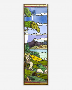 Image for Lot Victorian Stained Glass Window of a Piping Shepherd and his Flock