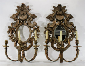 Image for Lot Pair Baroque Revival Brass 3-Light Sconces