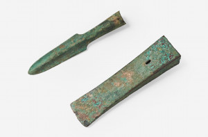 Image for Lot An Archaic Bronze Spear and Ax Head likely from the Warring States period (475-221 BCE)