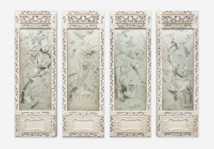 Image for Lot Four Chinese Embroidered Silk Panels Mounted in Carved Wood Frames