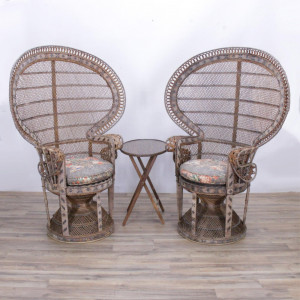 Image for Lot Pair Wicker "Peacock" Armchairs & Tray Table