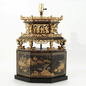 Image for Lot Striats Chinese Carved Wood Stand Lamp