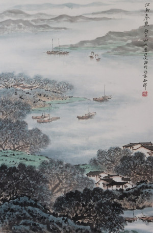 Image for Lot aftr Song Wenzhi Fishing Boats Painting on Scroll