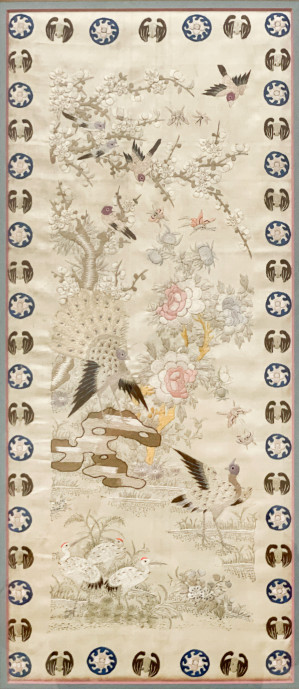 Image for Lot Chinese Embroidered Silk Panel depicting Birds in a Garden