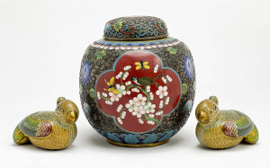 Image for Lot Two Chinese Cloisonné Birds and an Enamel Decorated Vase and Cover