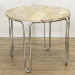 Image for Lot K E M Weber Style Metal Travertine Table
