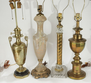 Image for Lot Four Vintage Table Lamps: Brass; Decorated Glass