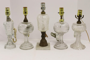 Image for Lot 5 American Pressed Glass Kerosene Lamps, 19/20 C.