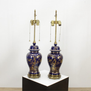 Image for Lot Pair Blue & Gilt Decorated Asian Vase Lamps
