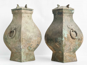 Image for Lot Pair of Chinese Bronze Fanghu Form Vessels and Covers
