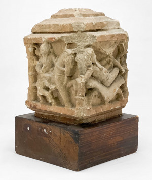 Image for Lot Indian Sandstone Block with Seated Figure By a Linga