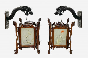 Image for Lot Pair of Chinese Lanterns with Dragon Wall Mounts