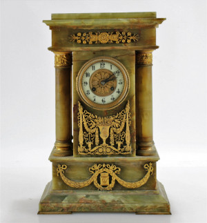 Image for Lot Tiffany Ormolu Mounted Green Onyx Mantle Clock