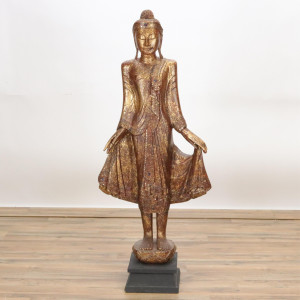 Image for Lot Burmese Carved and Gilt Wood Standing Buddha