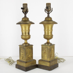 Image for Lot Pair of Empire Ormolu Engine Turned Lamps 19th C