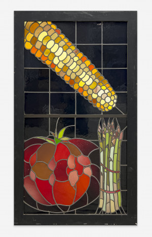 Image for Lot Lowell Nesbitt - Stained Glass Panel with Asparagus, Corn, and Tomato