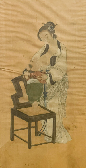 Image for Lot Chinese Painting of a Woman Nursing, Ink on Silk