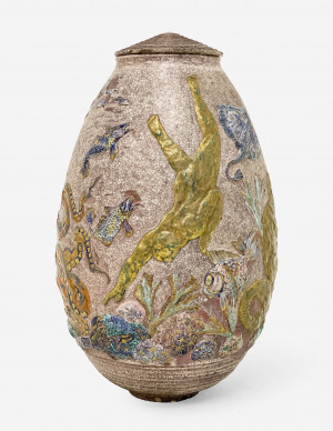 Image for Lot Jean Mayodon - Monumental Lidded Vase with Underwater Theme