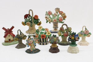 Image for Lot 10 Cast Iron Doorstops; floral baskets, windmill