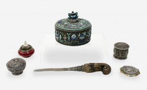 Image for Lot Group of Asian Metal Boxes, a Letter Opener, and Porcelain Censer and Cover