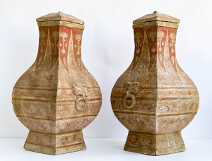 Image for Lot Pair of Chinese Painted Pottery Fanghu Form Vessels and Covers