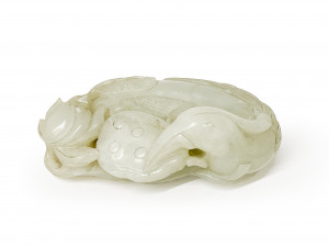 Image for Lot Chinese White Jade Lotus Scroll Weight