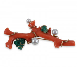 Image for Lot Coral and Emerald Brooch