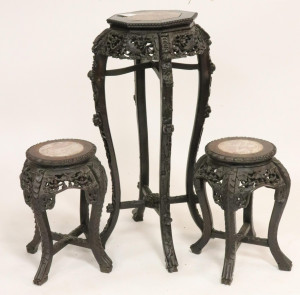 Image for Lot 19th C Carved Chinese Stands With Marble Inserts
