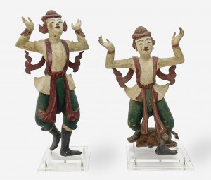 Image for Lot Pair of Burmese Polychrome Carved Wood Nat Dancers