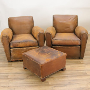 Image for Lot Pair Cigar Club Chairs And Single Ottoman