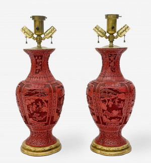Image for Lot Pair Chinese Carved Red Lacquer Vases mounted as Lamps