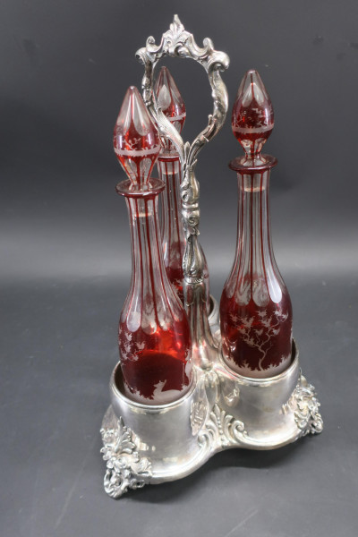 Ruby Red to Clear Bohemian Glass Decanters & Stand