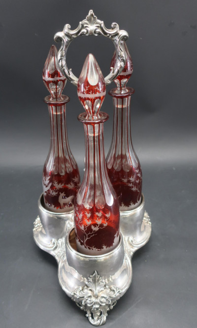 Ruby Red to Clear Bohemian Glass Decanters & Stand