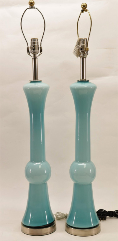 Pair Contemporary Teal Blue Glass Lamps